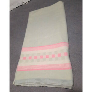 Vintage Pink & Pale Blue-Green Blanket Satin Trim Cottage Core MCM TWIN 68x73
